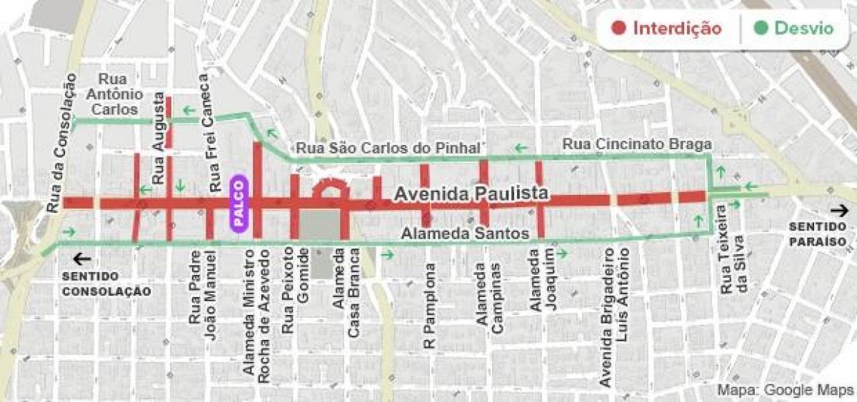 Mapa Paulista aveniji Sao Paulo