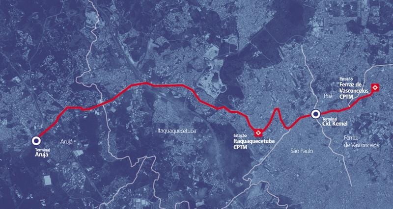 Mapa corredor BRT metropolitano Perimetral Altu Tietê