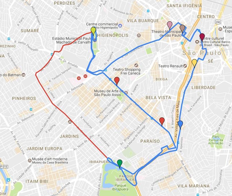 Mapa kružne turismo Sao Paulo - Linije