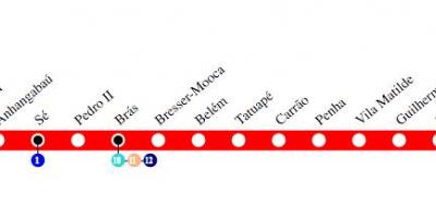 Mapa Sao Paulo metro Liniju 3 - Crveni